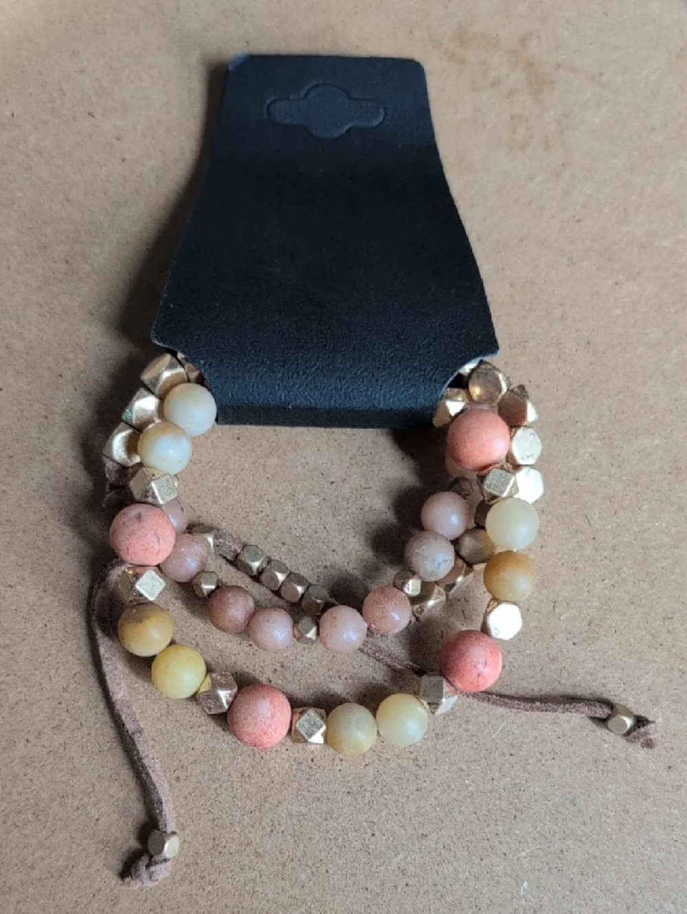 Peach & Cream Beaded Stretch Bracelet Trio with Gold Accents